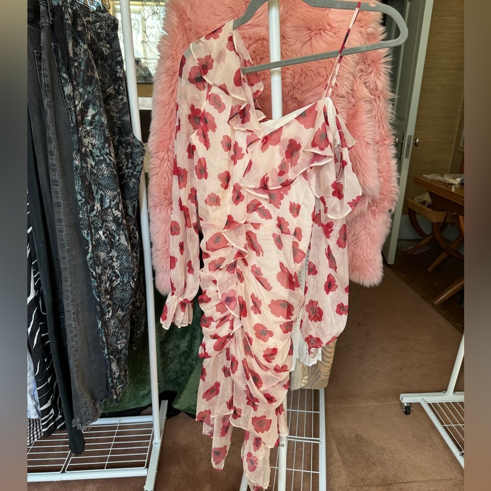 Melloday Red & White Floral Print Ruffled Dress